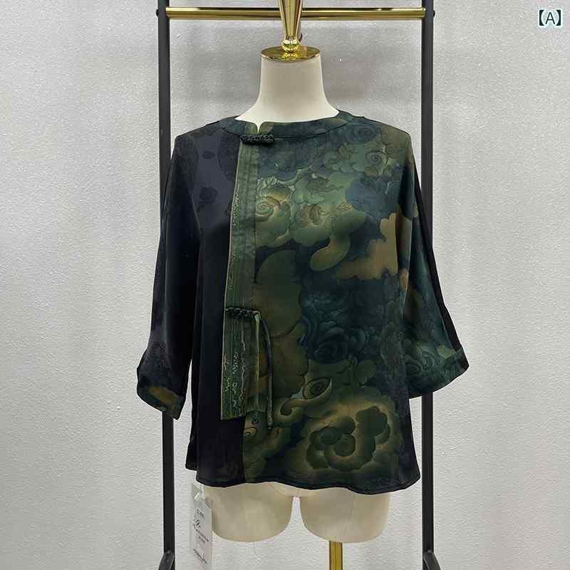 レディース　ツーピース　シルク レディース 七分袖 中年 シルク トップ 桑 絹 刺繍 な 母親の 夏 Tシャツ 小さい シャツ スーツ