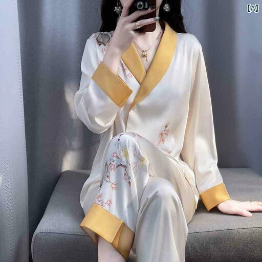 レディース ツーピース シルク 秋 女性用 高級 シルクプリント パジャマ 軽い スーツ レトロ 民族 風 桑の 絹の 家庭 服 外で 着用 可能 レディース ツーピース シルク 秋 女性用 高級 シルクプリント パジャマ 軽い スーツ レトロ 民族 風 桑の 絹の 家庭 服 外で 着用 可能