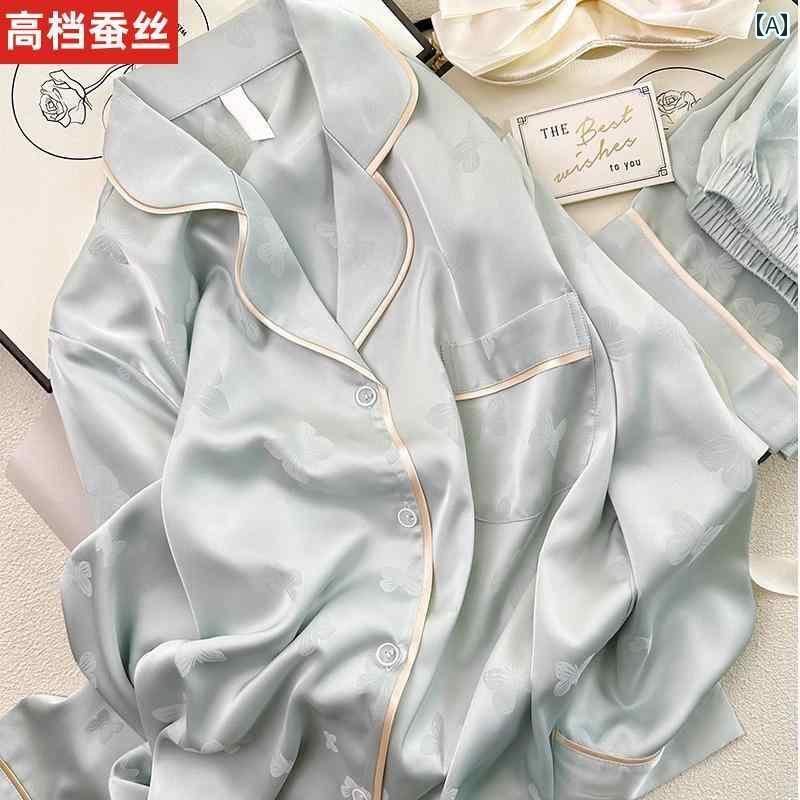 レディース　ツーピース　シルク シルクパジャマ 女性 2025 春秋 長袖 スーツ 夏 半袖 ジャカード スリ..