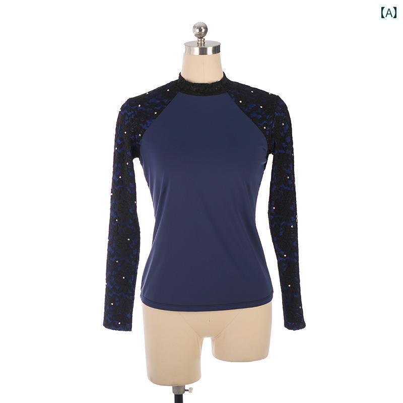 フィギュア　スケート　トレーニング Funuo フィギュア スケート トレーニングウェア スーツ トップ 大人 女の子 レース ホット ラインストーン 隠し ブルー ブラック 長袖