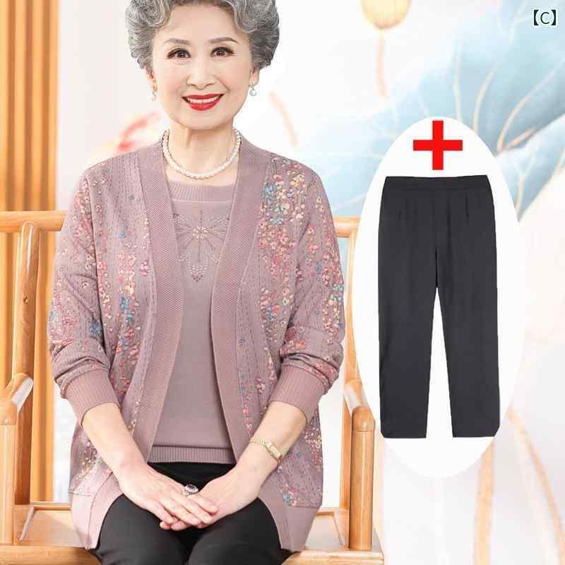 レディース　カジュアル　トップス 母の ニット セーター カーディガン レディース ツーピース スーツ プラス 脂肪 大きめ サイズ 老婦 人の 春秋おばあちゃん