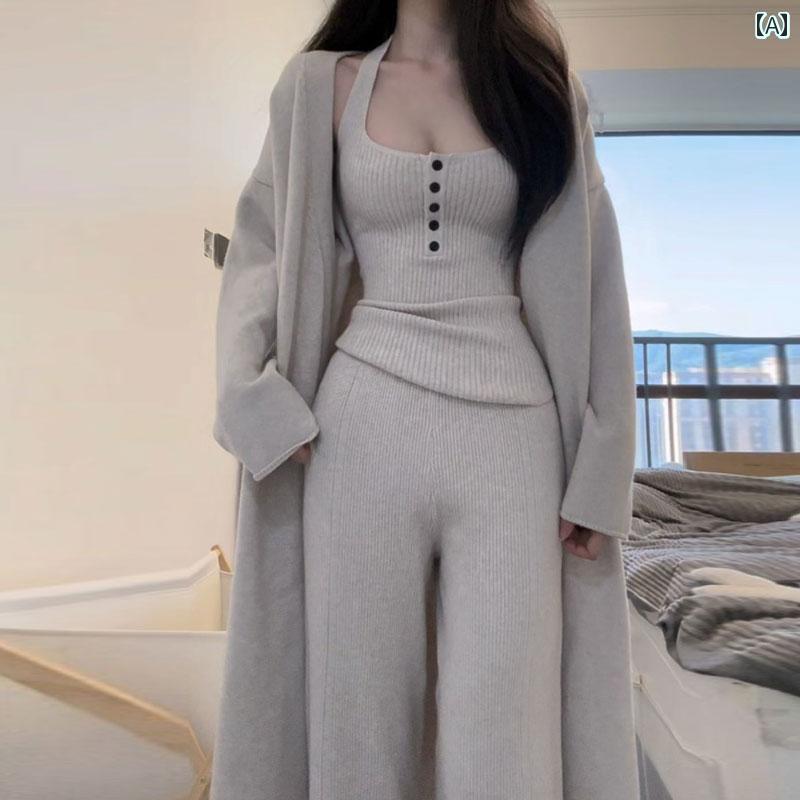 レディース　カジュアル　トップス 春の 衣装 一式 な スタイル ニット セーター ジャケットと ズボンの スリーピーススーツ で スタイリッシュな 韓国 シック