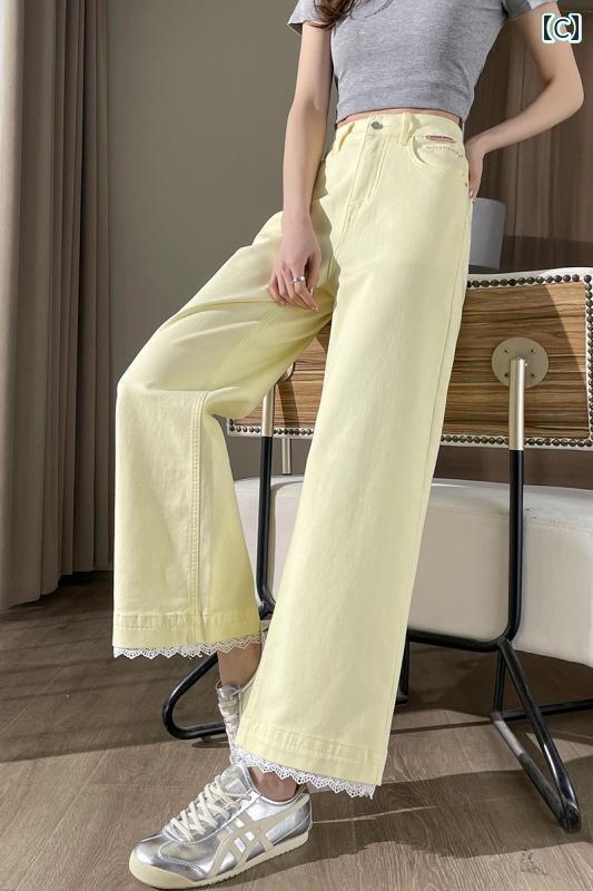 デニム　ジーンズ　おしゃれ ライト ブルーの 9 ポイント ワイド レッグ ジーンズ レディース 2025 春 ハイウエスト スリム ナロー ストレート パンツ