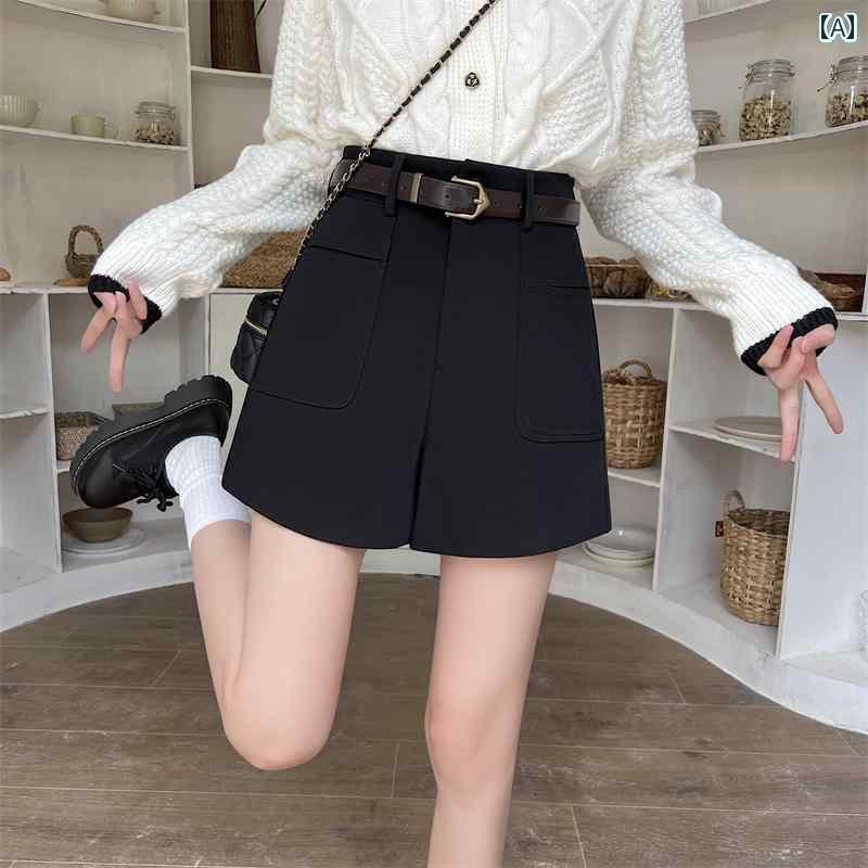 レディース　スカート　かわいい レディース ブラック ショート パンツ ベルト 付き 春夏 ブーツ 大きいサイズ aライン ゆったり ワイド レッグ 韓国 カジュアル スーツ