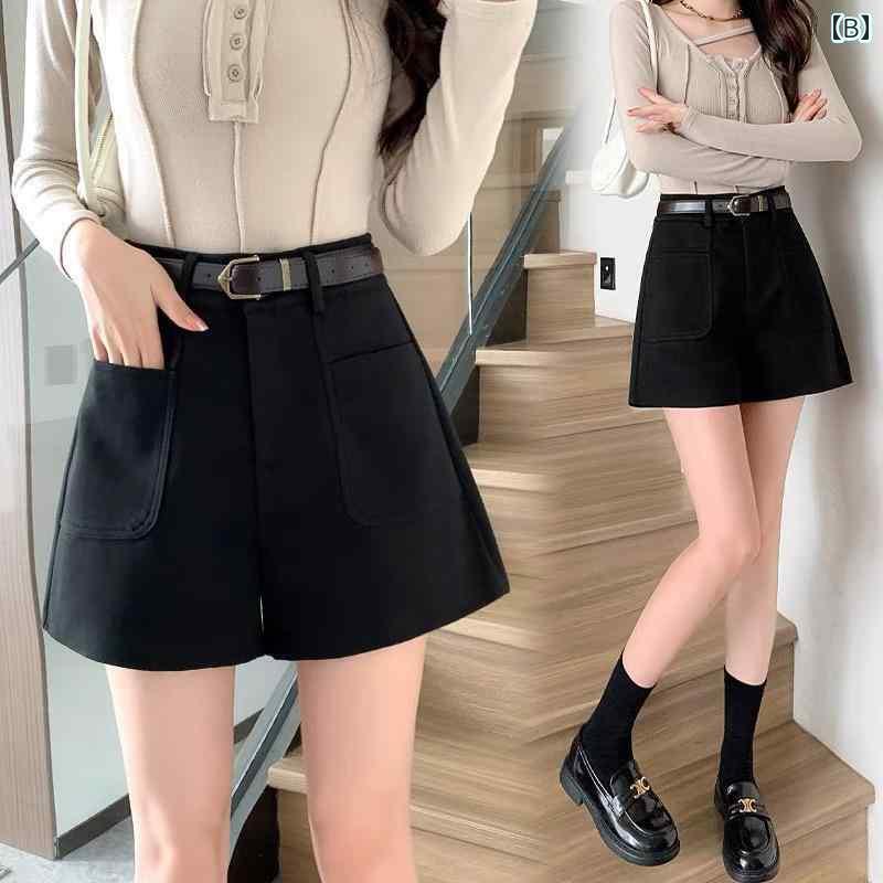 レディース　スカート　かわいい レディース ブラック ショート パンツ ベルト 付き 春夏 ブーツ 大きいサイズ aライン ゆったり ワイド レッグ 韓国 カジュアル スーツ