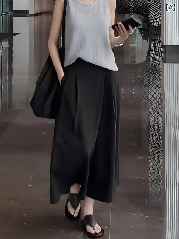 レディース　スカート　かわいい 女性用 ブラック ドレープスカート パンツ 夏の スタイル レトロ シルエット 伸縮性の ある バック ゆったり スリムフィット 8 ポイント カジュアル
