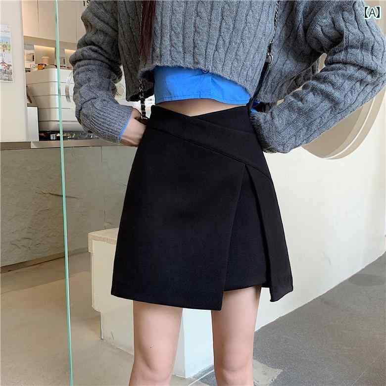 レディース　スカート　かわいい 大きいサイズ 不規則 aライン スカート ハーフ 丈 パンツ 太め mm ハイウエスト スリム スリット コーヒー 色 ショート 夏