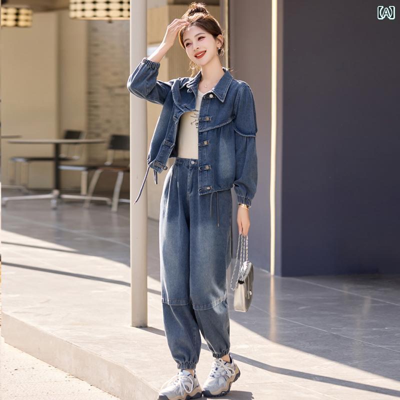 レディース　カジュアル　ファッション 2025 春秋 中国 デニムスーツ 女性 商品 レトロ カジュアル ファッション スリムと 年齢を 減らす ツーピース スーツ