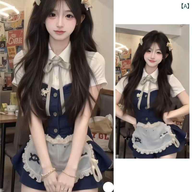 レディース カジュアル ファッション レトロ ホットティー 半袖 シャツ トップ ショーツ エプロン メイドな スーツ 女性 夏の 完全な セット