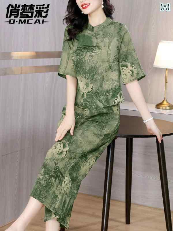 レディース　カジュアル　ファッション 民族 風の 半袖 プリント トップスと ワイド パンツの スーツ はで スタイリッシュ 年齢を 減らし 痩せて 見えるし お 肉を カバー します。 夏用 女性用 ツーピース