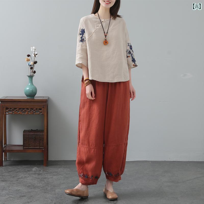 レディース　カジュアル　ファッション 夏の 女性用 コットンリネン スーツ 中 族 風の 婦人服 文学的..