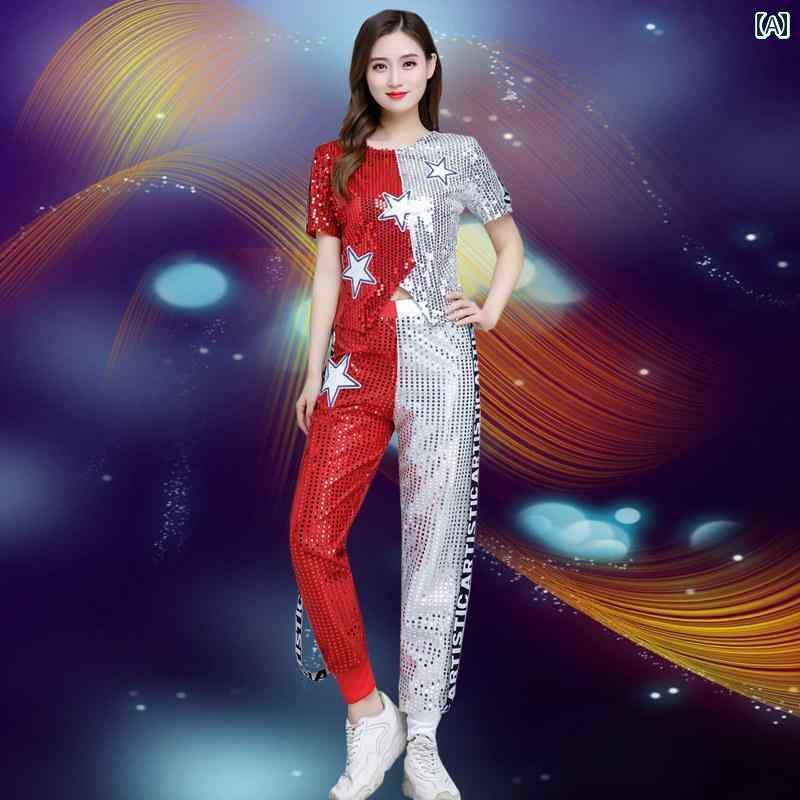 子供服　ダンス　ヒップホップ ジャズ ダンス パフォーマンス 服 スプライシング 女性 大人 モダン ヒップ ホップ 学生 チアリーディング スパンコール ズボン スーツ