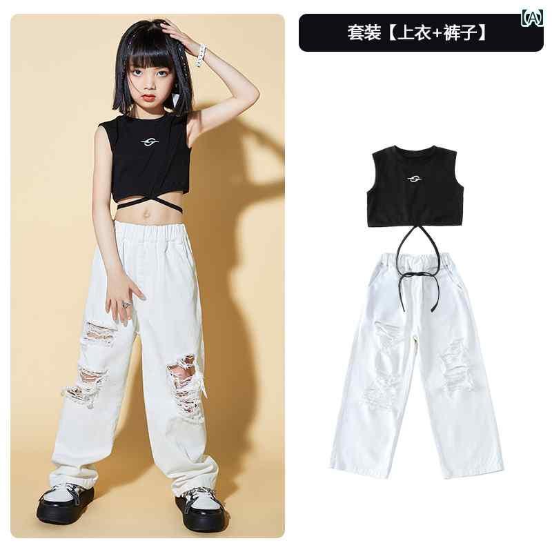 ストリート　子供　ダンス 子供用 ストリート ダンス ジャズ 夏用 ブラック ベスト ヒップ ホップな 服 パフォーマンス 女性 グループ へそ 出し キャットウォーク スーツ