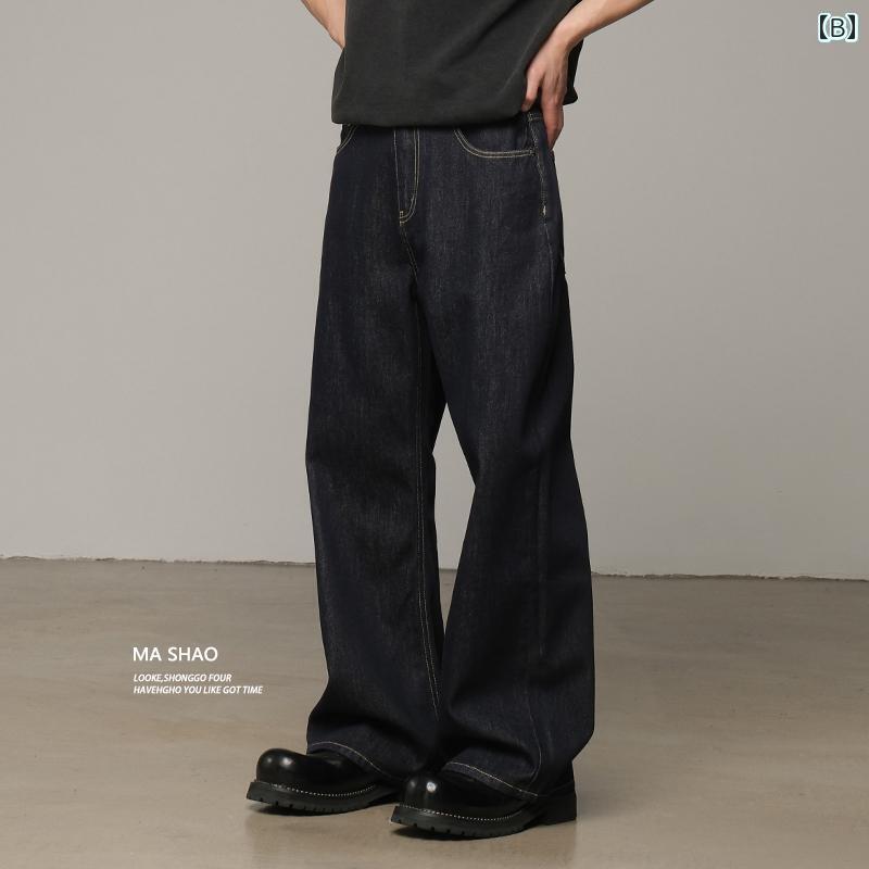 ストレート　ジーンズ　パンツ 男性用 アメリカン レトロ セルビッジ ジーンズ。 糊付け せず 色 止め 加工を 施した ゆったり ストレートの aライン ワイド レッグ フロア レングス パンツ。