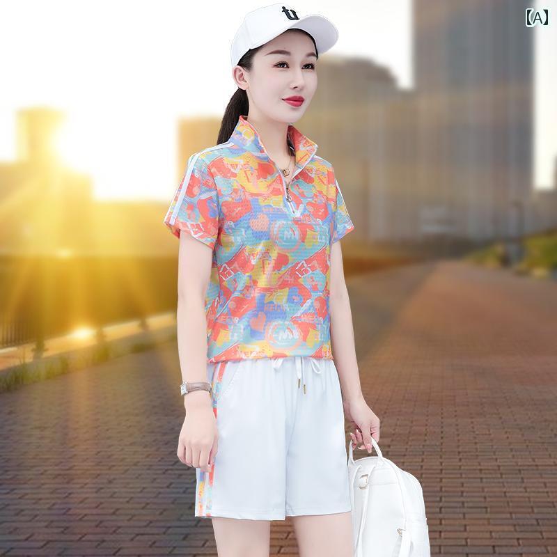 レディース　半袖　ショート 速乾 冷感 スポーツウェア スーツ 女性 2025 夏 中年 洋風 半袖 ショート パンツ カジュアル ツーピース