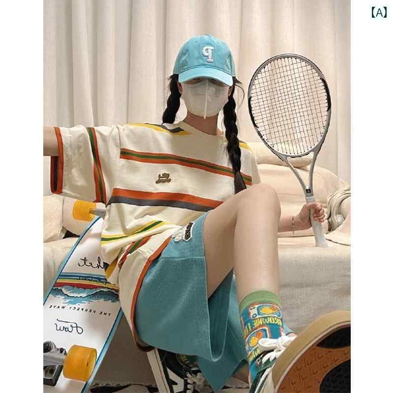 レディース 半袖 ショート 若 見え 雰囲気と カレッジ 夏の レディース 塩味の OOTD ストライプ スポーツ スーツ ゆったり 半袖 ショーツと カジュアル ツーピース
