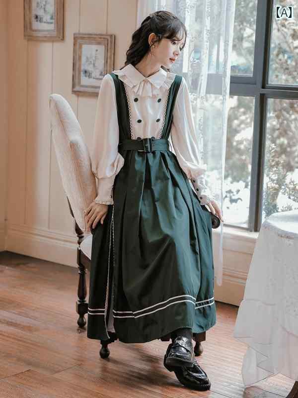 レディース　シャツ　カジュアル レトロ 中華 小さい ドレス フェイク ツーピース スーツ 秋 ロリータ プリンセス ライト ロー カレッジ スタイル ロング スカート