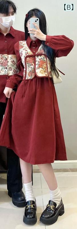 レディース　シャツ　カジュアル カップルの 衣装 秋冬 レトロ 赤い コーデュロイの チャイナ風 ドレス ツーピース スーツ 1枚の スカートと コート 新年の