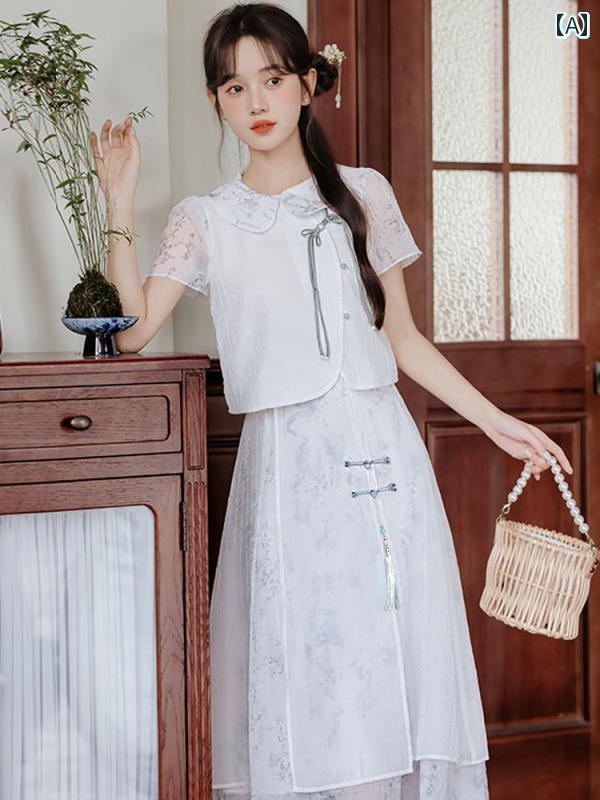 レディース　シャツ　カジュアル チャイナ風 中華 風の トップスと スカートの ツーピース スーツ 学生の 夏の 女の子 小さい 漢服 注目 要素の ドレス