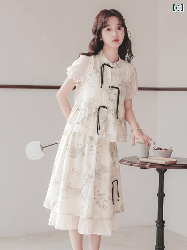 レディース　シャツ　カジュアル チャイナ風 中華 風の トップスと スカートの ツーピース スーツ 学生の 夏の 女の子 小さい 漢服 注目 要素の ドレス