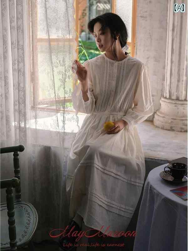 レディース　シャツ　カジュアル 5月 マルーン 雲の 中を 歩く 復活 スタイル / リネン ヘビー 刺繍 エドワード フレンチ ロングスリーブ ホワイト ドレス 秋 韓国(4)