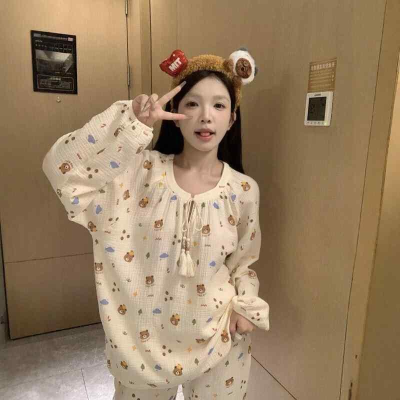 レディース　シャツ　カジュアル かわいい クマの 綿糸 パジャマ 女性 春秋 2025 綿 ホーム 服 スーツは 秋に 外で 着る ことが できます