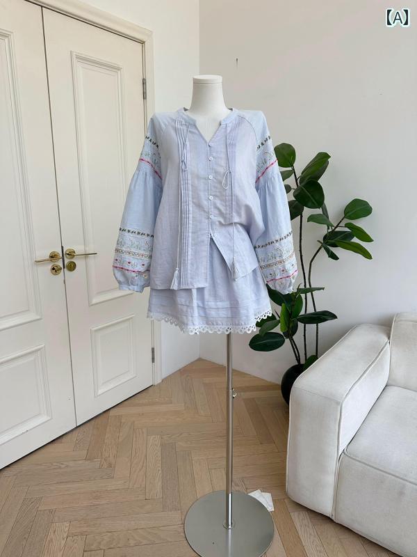 レディース　シャツ　カジュアル 7月末 重 シミ ラン 花 ボーダー リネン コットンフラワー 刺繍 ドール シャツ aライン スカート スーツ 女性