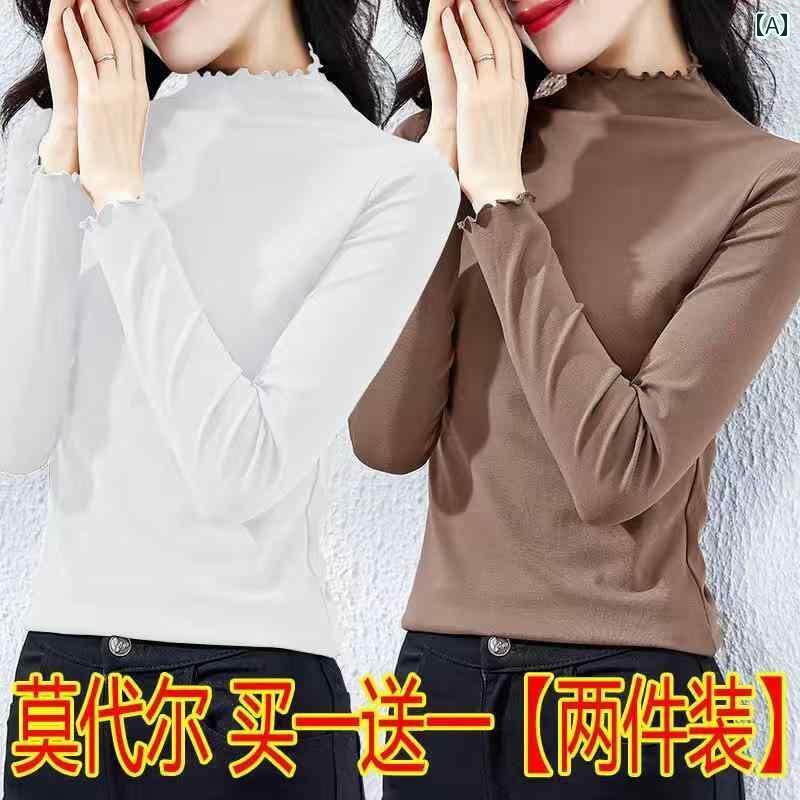 ストレート　生地　パンツ シングル / ツーピース モダール ウッド 耳 エッジ 長袖 Tシャツ レディース 2025 春秋 大きいサイズレイヤリング シャツ