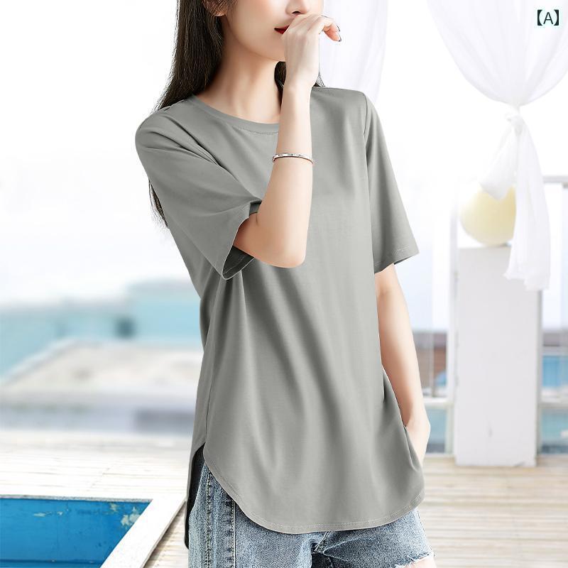ストレート　生地　ソフト サイドスリット 半円 弧 裾 ゆったり 半袖 Tシャツ 小さい 丸 襟 フロントと バックが 長く サイドが 短く トップが 薄手 女性用