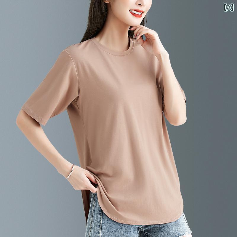 ストレート　生地　ソフト 無地の ゆったり モダールコットンの 半袖 Tシャツ。 裾は 不規則。 夏用の ..