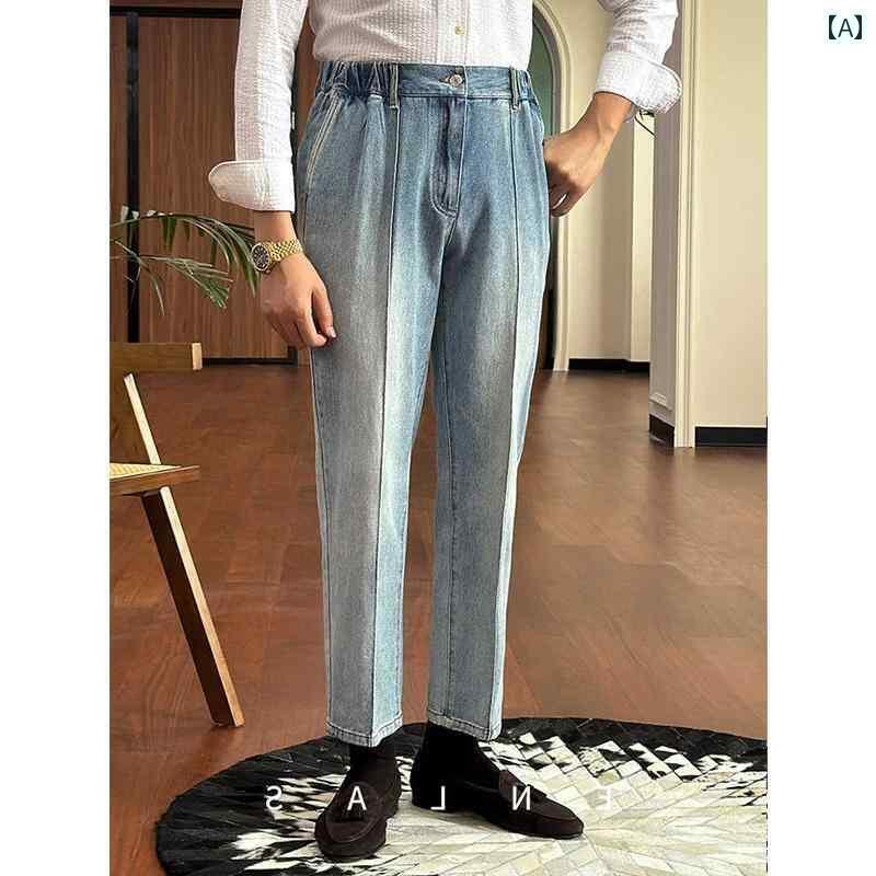 メンズ　カジュアル　ファッション 英国 ビジネス 伸縮性 ウエスト パンツ 通気性 レトロ ウォッシュ ジーンズ 紳士 ストレート カジュアル メンズ 万能