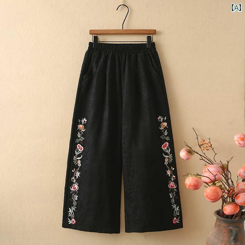 メンズ カジュアル ファッション レトロ チャイナ風 刺繍のお母さんの 春秋 ウォッシュ コットンと リネンの ワイド レッグ パンツ 中年と 高齢の レディー...