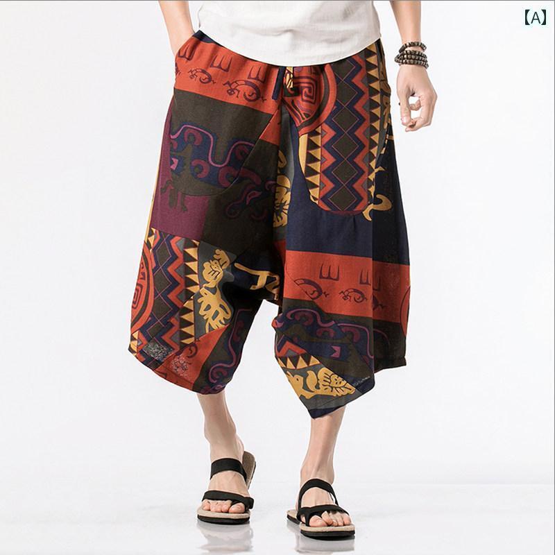 メンズ カジュアル ファッション 夏の メンズ レディースの タイ ランタン パンツ エスニック スタイル プリント ワイド レッグ クロップド 大きめ サイズ...