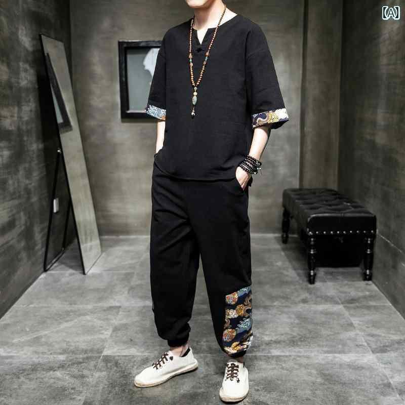 メンズ　アジアン　ファッション チャイナ風 メンズ サマー スーツ レトロ スタイル リネン 半袖 クロップドパンツ ツーピース Tシャツ セット
