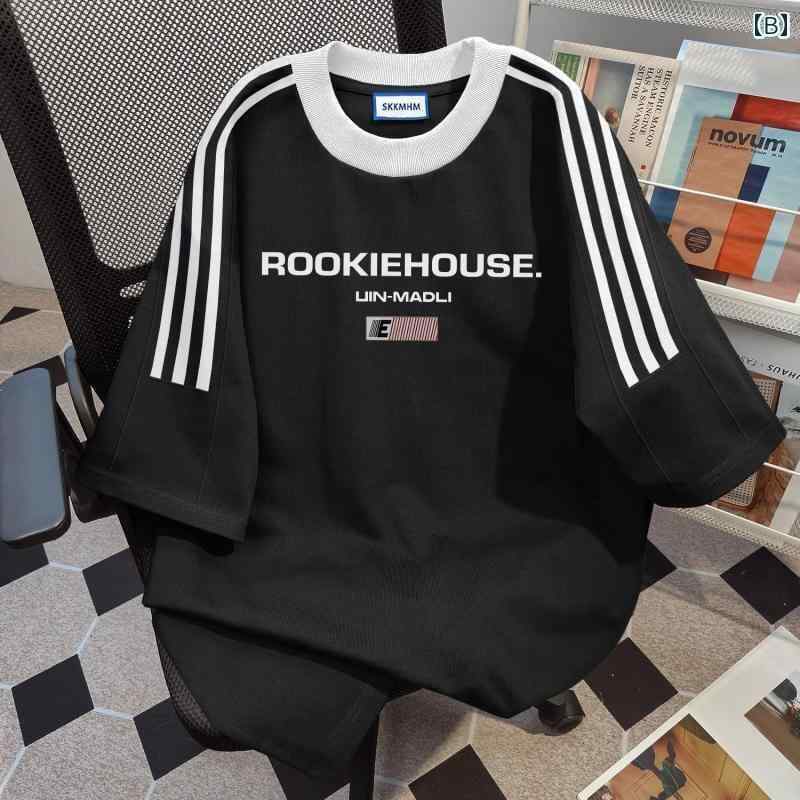 メンズ　ストリート　シャツ 厚手 100 % コットン 3本 バー ラウンドネック ゆったり 大きめ サイズ 半袖 Tシャツ 男女兼用 夏の カジュアル トップス