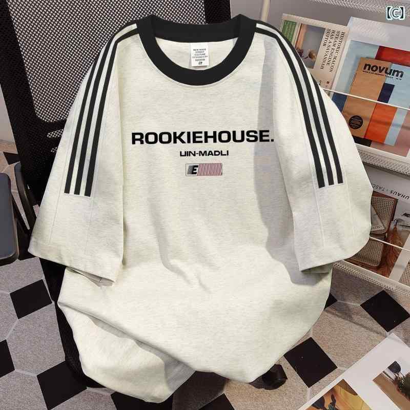 メンズ　ストリート　シャツ 厚手 100 % コットン 3本 バー ラウンドネック ゆったり 大きめ サイズ 半袖 Tシャツ 男女兼用 夏の カジュアル トップス