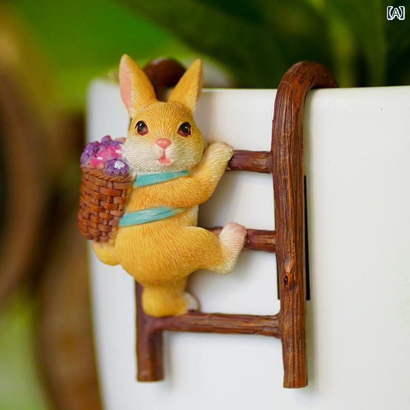 庭　装飾　飾り　 かわいい 小さい ウサギの 登り 梯子 肉 質の 植木鉢 ペンダント 花 園芸 挿入 バル..