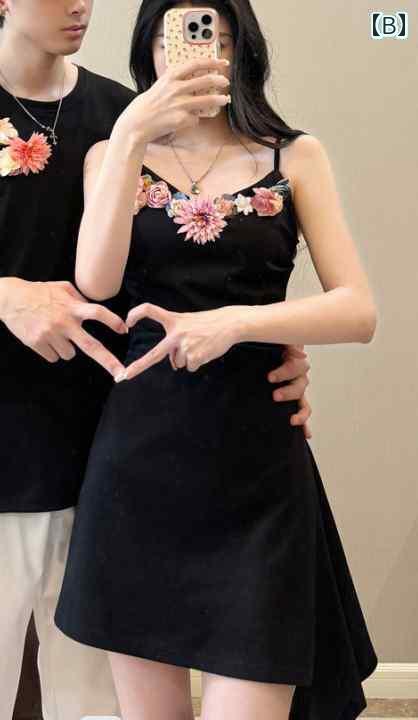 カップル　ユニセックス　ウェア な カップルの 服装 2024夏の ホット ガールの 立体 花柄 スリング ウエスト ドレス ワン スカート