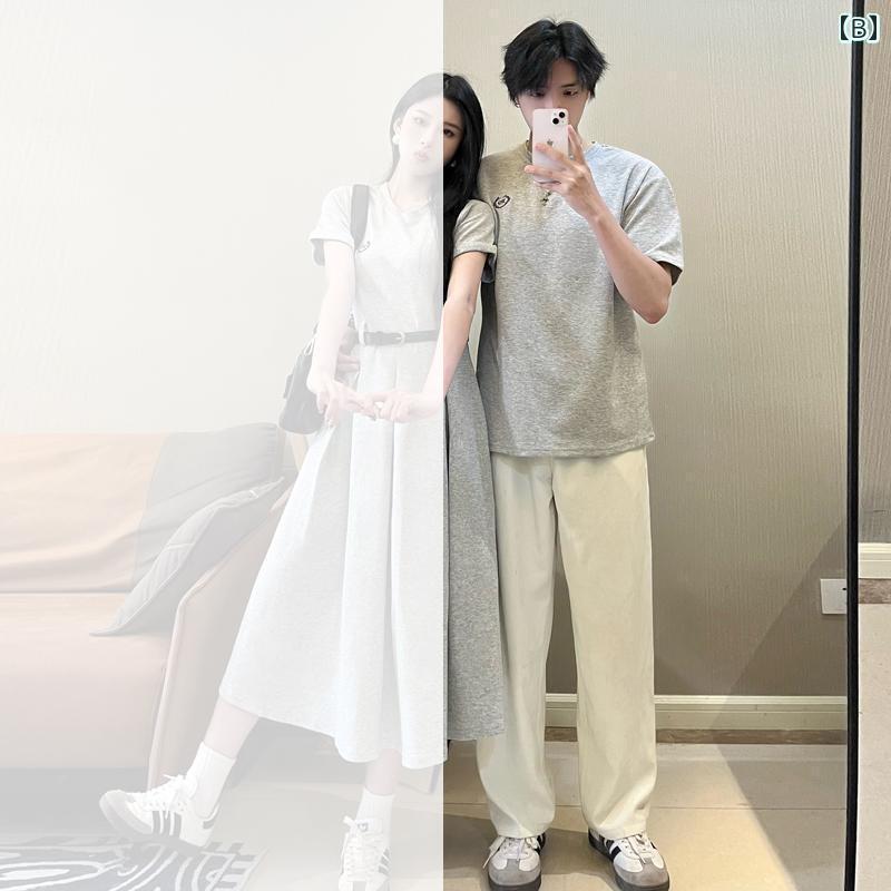 カップル　ユニセックス　ウェア カップル 衣装 2025 夏の ワンピース ドレス カレッジ ウエスト スリム ロング スカート 半袖 Tシャツ メンズ