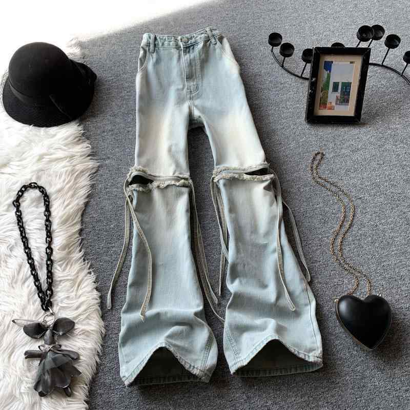 デニム　ジーンズ　レディース ライト ブルーの 破れた ハイウエスト ワイド レッグ ジーンズ レディース 夏 アメリカン レトロ レースアップ ストレート パンツ モ ッピング(4)