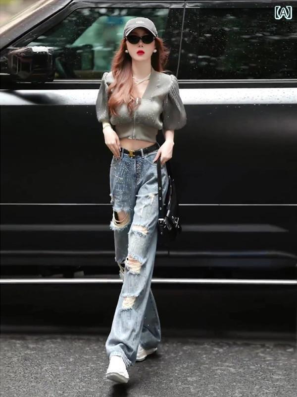 デニム　ジーンズ　レディース ホット ガールの 頑丈な ドリル リップ ド ジーンズ 女性用 2024 夏 ストレート ワイド レッグ フロア レングス パンツ