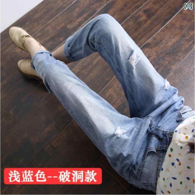 デニム　ジーンズ　レディース リップ ド ジーンズ レディース ストレート レッグ パンツ 夏 秋 スタイ..