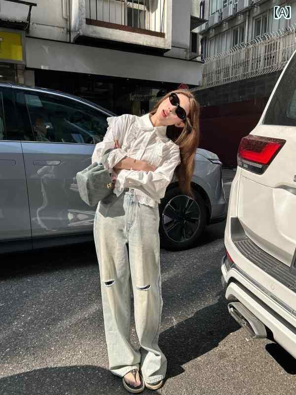 デニム　ジーンズ　レディース アボカド ング ライト ブルー サマー リップ ド / ノンリップ ワイド レ..