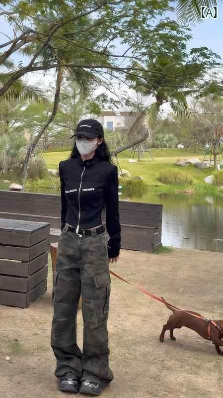 ワイド　レッグ　パンツ　レディース レトロ 迷彩 オーバー オール ジーンズ レディース 2025 春 アメリカン スタイル ホット ガール ハイウエスト スリム ワイド レッグ パンツ(4)