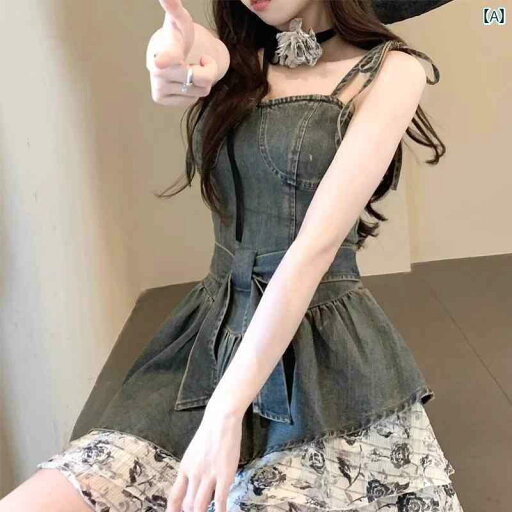 デニム ワンピース レディース フランスの レトロ 花柄 パッチワークデニム ドレス 女性用 夏用 ホット ガール 魅惑的 チューブ トップ ウエスト スリミング ショート スカート デニム ワンピース レディース フランスの レトロ 花柄 パッチワークデニム ドレス 女性用 夏用 ホット ガール 魅惑的 チューブ トップ ウエスト スリミング ショート スカート