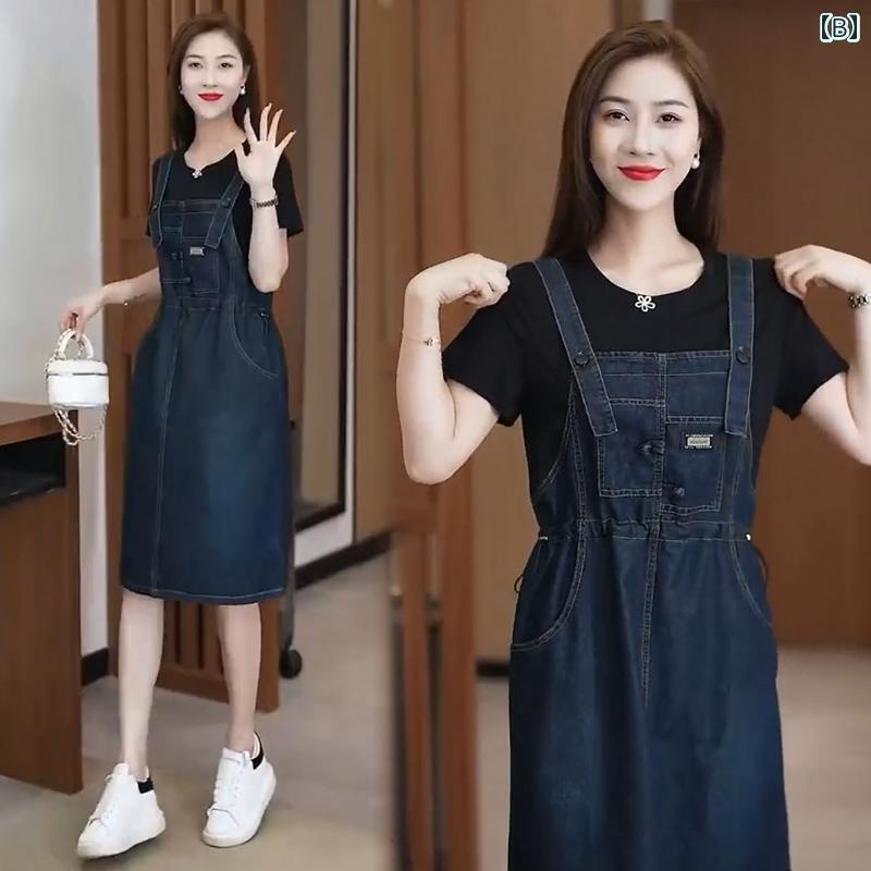 デニム　ワンピース　レディース フェイク ツーピース デニムオーバーオール スカート レディース 夏 ゆったり お腹 カバー 小さい サイズ ミディアム 丈 ファッション カジュアル ドレス