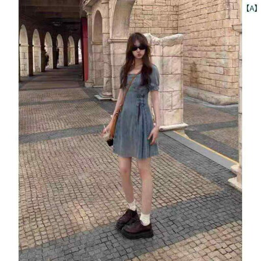デニム ワンピース レディース フランスの レトロ ストラップ デニム ドレス 女性用 夏服 ハイエンドの スカート ウエストを 細くする スクエアネックの ショート デニム ワンピース レディース フランスの レトロ ストラップ デニム ドレス 女性用 夏服 ハイエンドの スカート ウエストを 細くする スクエアネックの ショート