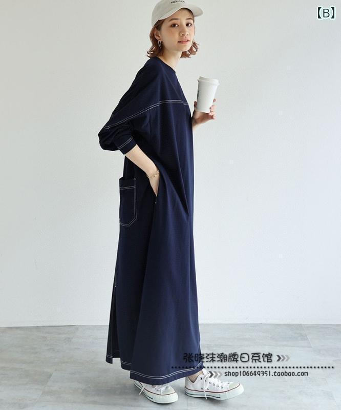 デニム　ドレス　レディース 張 暁 桃 23 夏 CC 明るい ライン 装飾 サイド ポケット 裾 スリット ゆったり 万能 レトロ ワンピース 女性