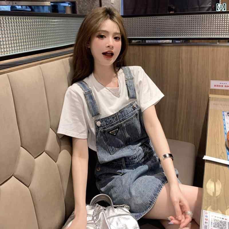 デニム　ドレス　レディース 夏の 女性用 レトロ ウォッシュ デニムオーバーオール スカート 小さくて 年齢を 感じさせにくい ハイウエスト スリミング サスペンダー ドレス aライン ショート