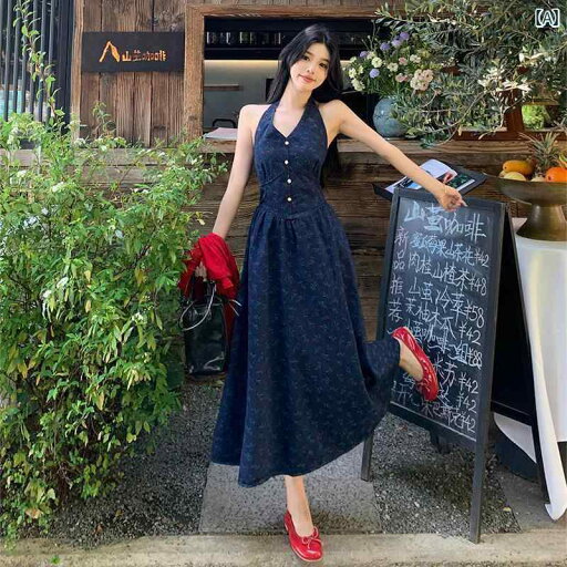デニム ドレス レディース 洋 ナシ型の 体型の 太った 女の子 夏用の 大きいサイズ ホルターネックの 花柄 デニム ドレス。 お腹を カバー して 細く 見せます。 デニム ドレス レディース 洋 ナシ型の 体型の 太った 女の子 夏用の 大きいサイズ ホルターネックの 花柄 デニム ドレス。 お腹を カバー して 細く 見せます。
